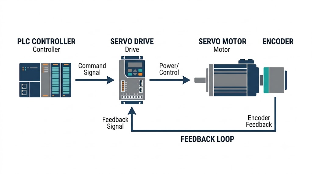Sơ đồ khối hệ thống servo (PLC, Servo Drive, Servo Motor, Encoder)